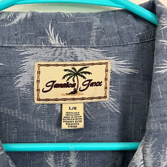 Jamaica Jaxx 100% Silk Palm Tree Light Blue Button Down Shirt Size L - Picture 2 of 5